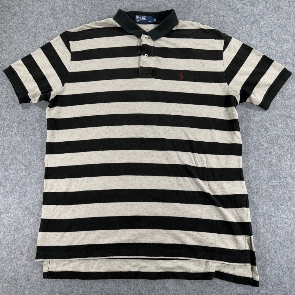 Polo Ralph Lauren Men XL Black Grey Striped‎ Short Sleeve Pique Polo Shirt